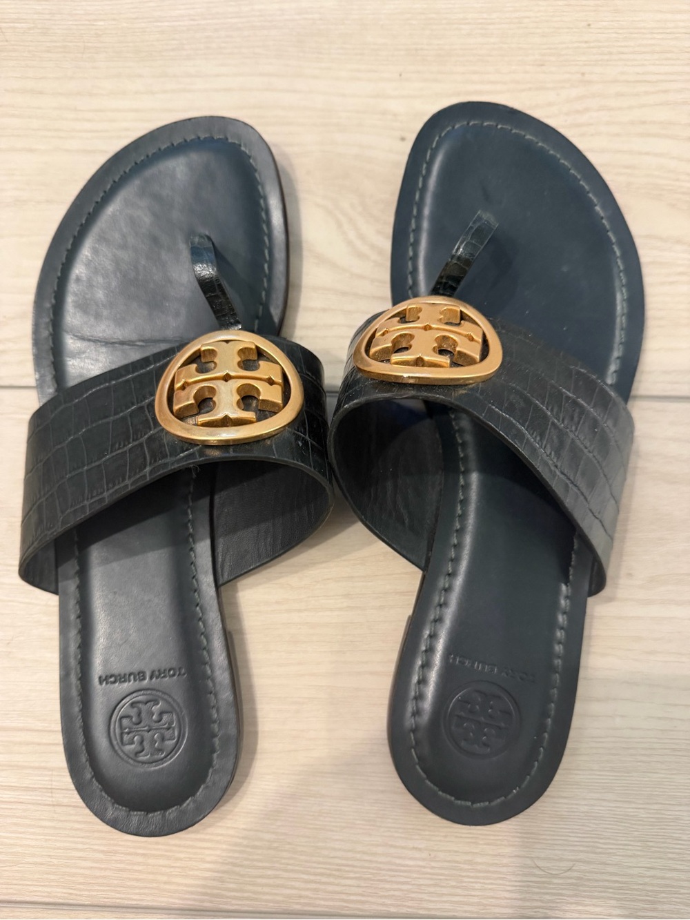 Tory Burch Black Croc-Embossed Leather Slide Sandals with Gold Logo